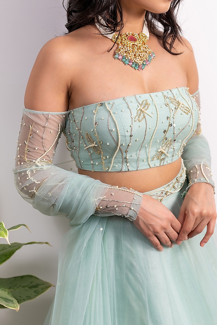 Mint Net & Shantoon Wedding Lehenga Set by Silky Bindra at Pernia's Pop Up Shop