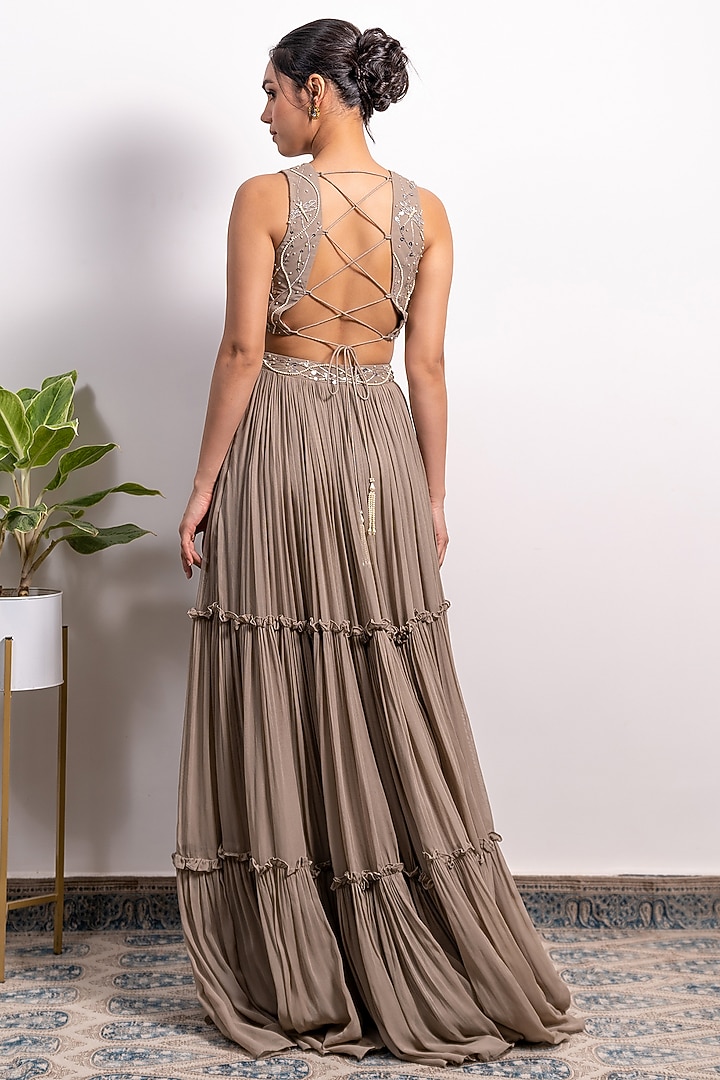 Mouse Brown Tiered Wedding Lehenga Set by Silky Bindra at Pernia's Pop Up Shop