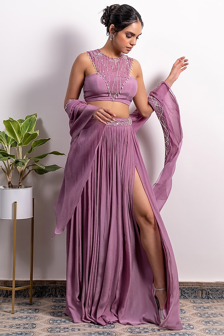 Purple Slitted Wedding Lehenga Set by Silky Bindra at Pernia's Pop Up Shop