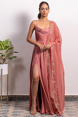 Dusty Pink Satin Georgette Anarkali Set by Silky Bindra