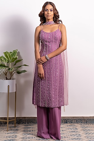 Purple Georgette Sequins Embroidered Kurta Set by Silky Bindra