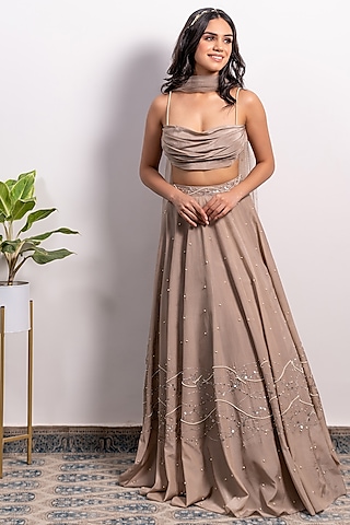 Mouse Brown Embroidered Lehenga Set by Silky Bindra