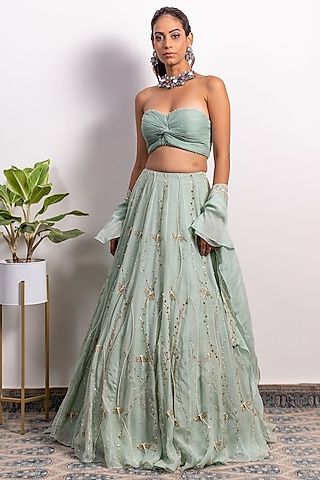 Mint Embroidered Lehenga Set by Silky Bindra
