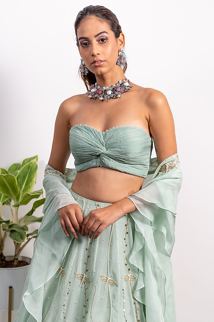 Mint Embroidered Wedding Lehenga Set by Silky Bindra at Pernia's Pop Up Shop