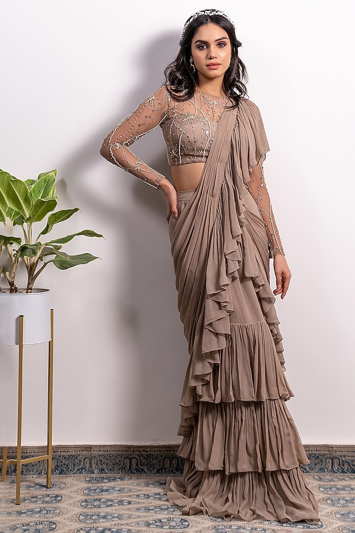 Mouse Brown Georgette Pre-Draped Saree Set by Silky Bindra
