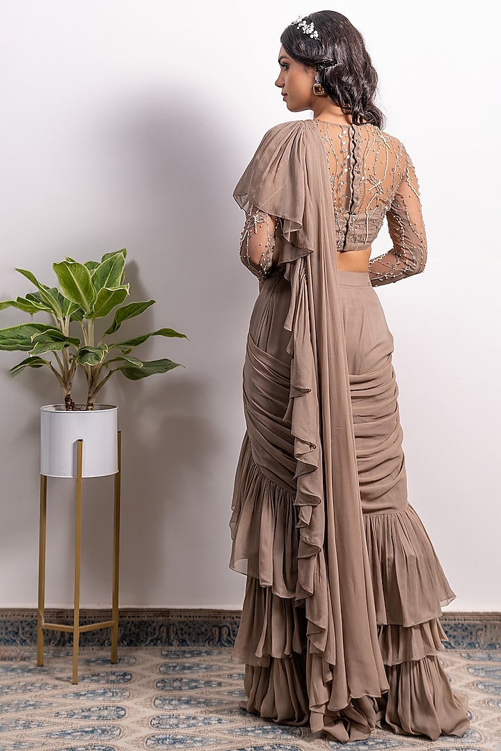 Mouse Brown Georgette Pre-Draped Wedding Saree Set by Silky Bindra at Pernia's Pop Up Shop