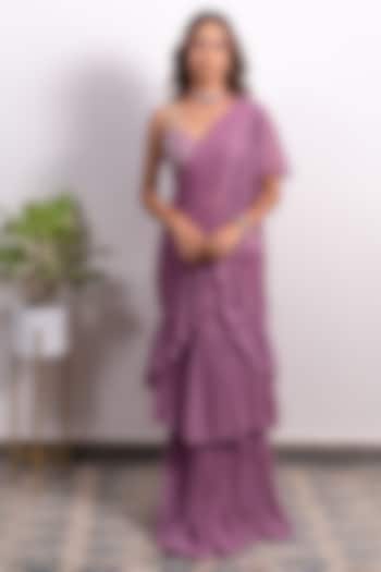 Purple Georgette Pre-Draped Wedding Saree Set by Silky Bindra at Pernia's Pop Up Shop