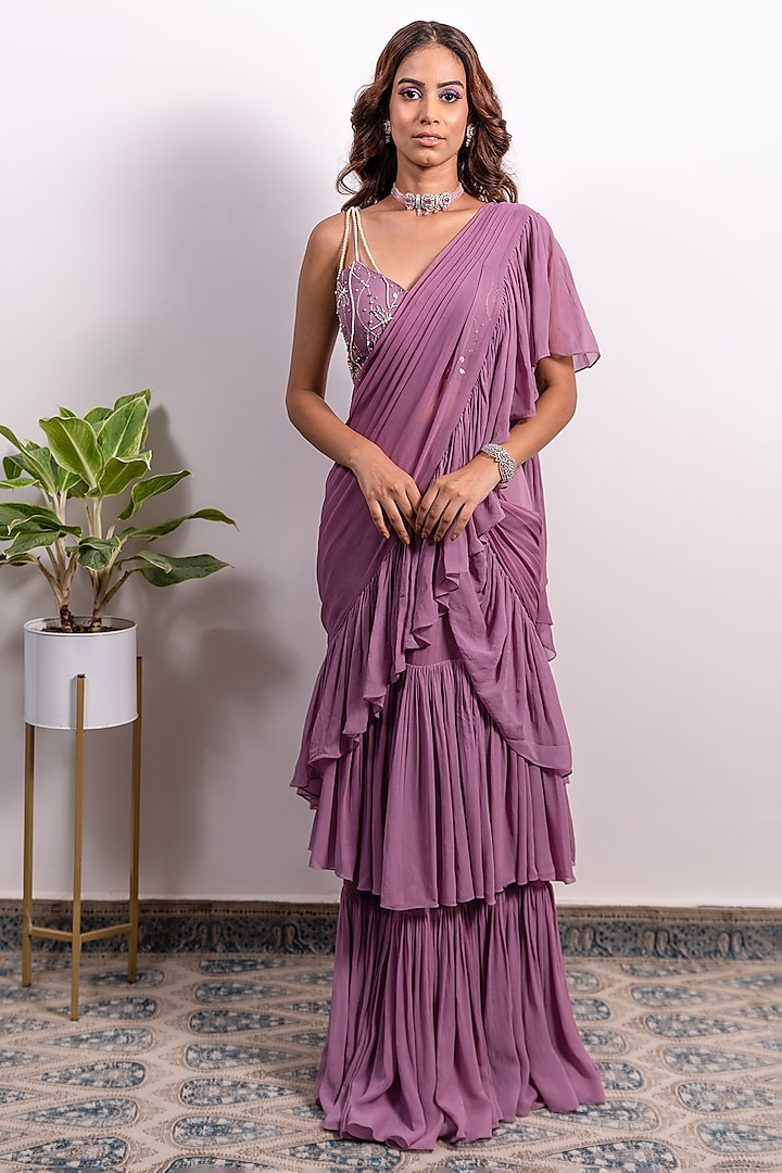 Purple Georgette Pre-Draped Saree Set by Silky Bindra