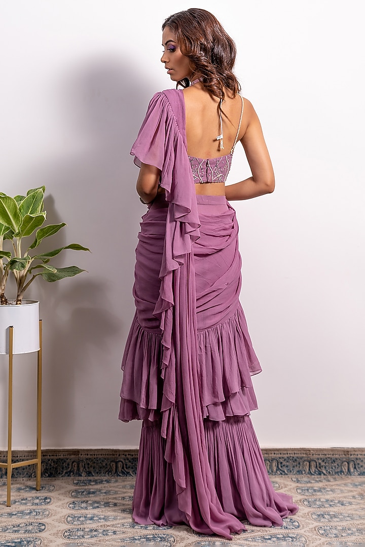 Purple Georgette Pre-Draped Wedding Saree Set by Silky Bindra at Pernia's Pop Up Shop