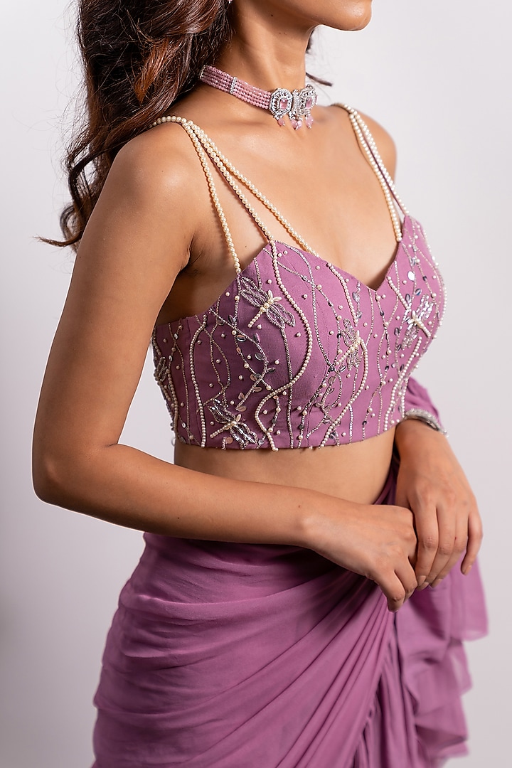 Purple Georgette Pre-Draped Wedding Saree Set by Silky Bindra at Pernia's Pop Up Shop