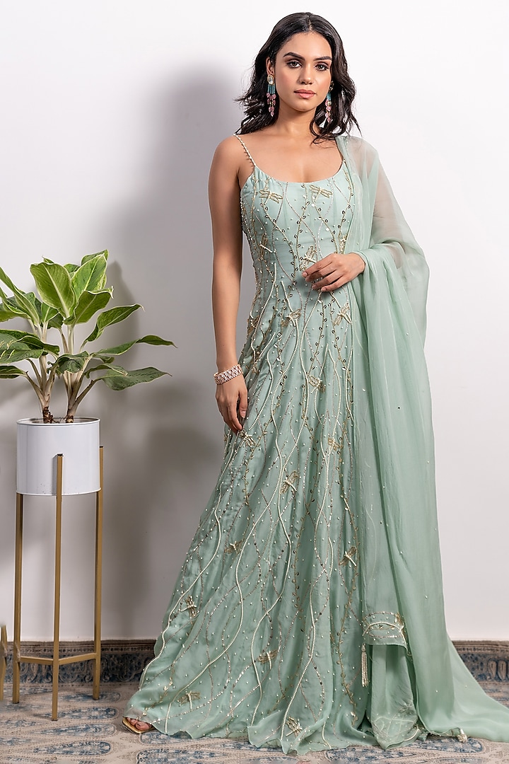 Mint Embroidered Anarkali Set by Silky Bindra
