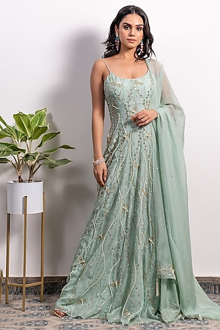 Mint Embroidered Anarkali Set by Silky Bindra