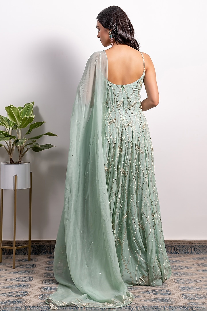 Mint Embroidered Wedding Anarkali Set by Silky Bindra at Pernia's Pop Up Shop