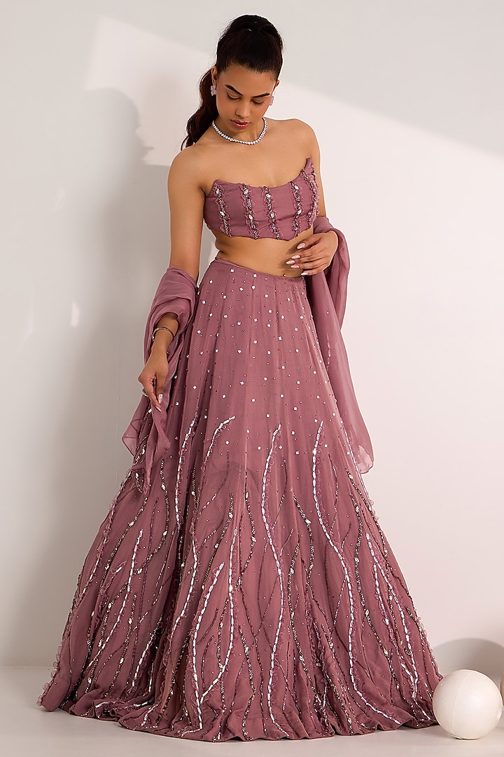 Mauve Organza Embroidered Wedding Lehenga Set by Silky Bindra at Pernia's Pop Up Shop