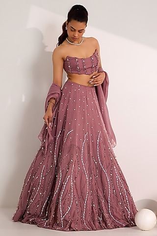 Mauve Organza Embroidered Lehenga Set by Silky Bindra
