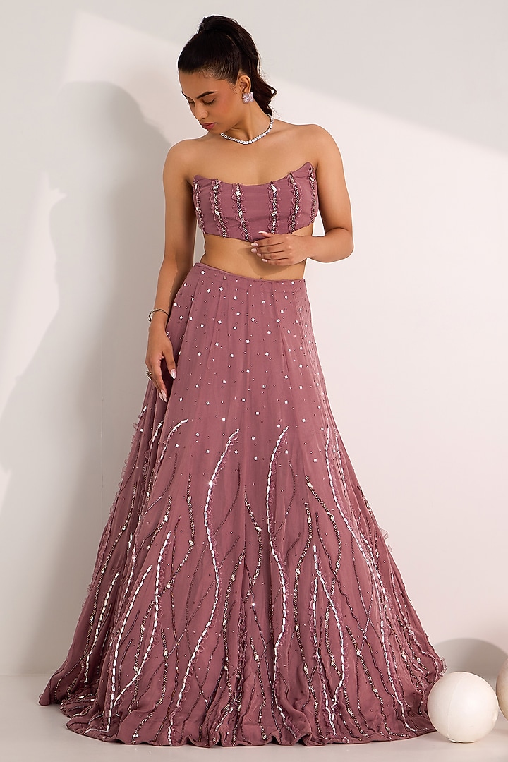 Mauve Organza Embroidered Wedding Lehenga Set by Silky Bindra at Pernia's Pop Up Shop