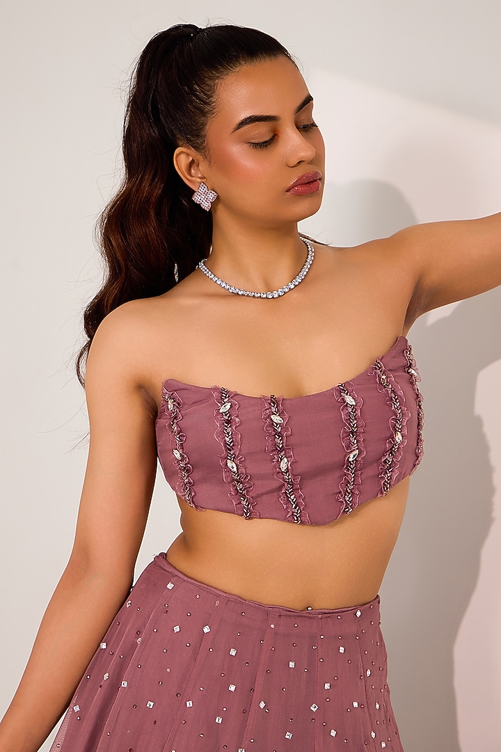 Mauve Organza Embroidered Wedding Lehenga Set by Silky Bindra at Pernia's Pop Up Shop