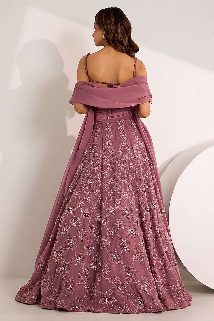 Mauve Satin Georgette Embroidered Wedding Lehenga Set by Silky Bindra at Pernia's Pop Up Shop