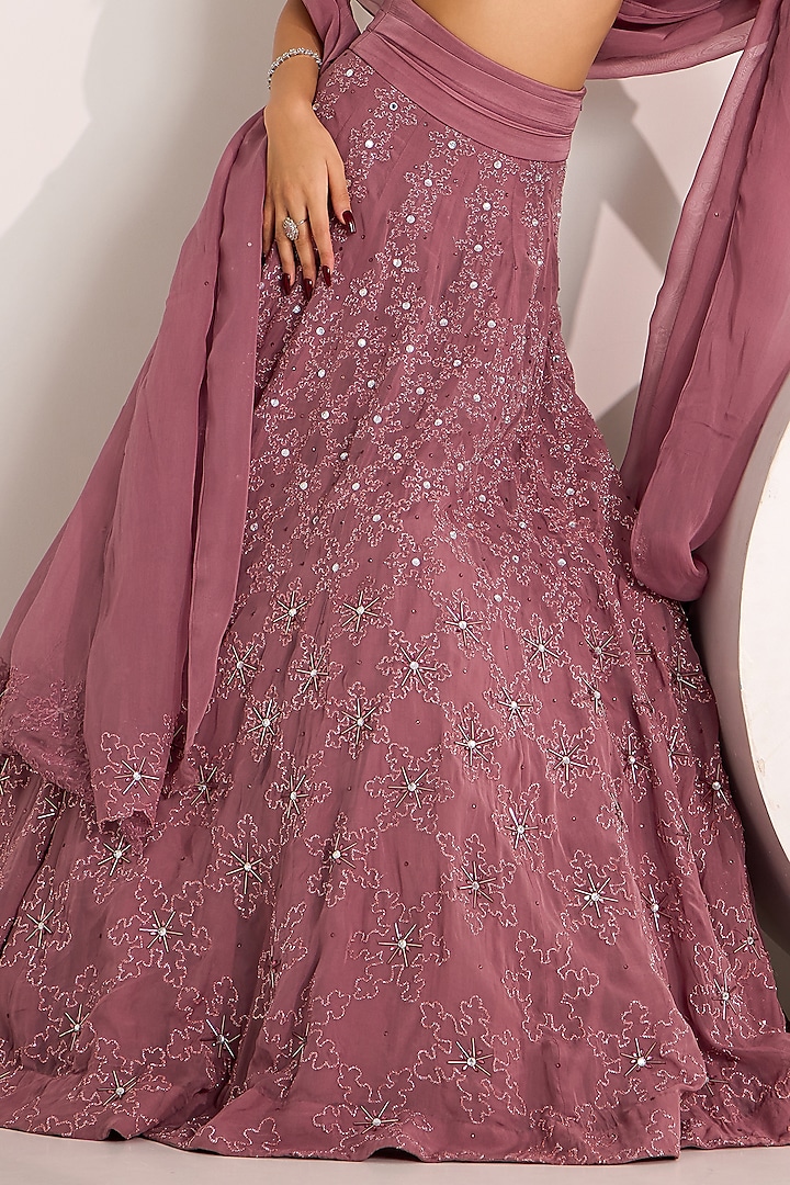 Mauve Satin Georgette Embroidered Wedding Lehenga Set by Silky Bindra at Pernia's Pop Up Shop