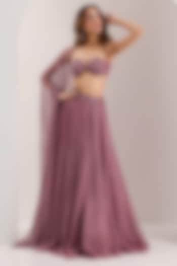 Mauve Shimmer Chiffon Embroidered Wedding Lehenga Set by Silky Bindra at Pernia's Pop Up Shop