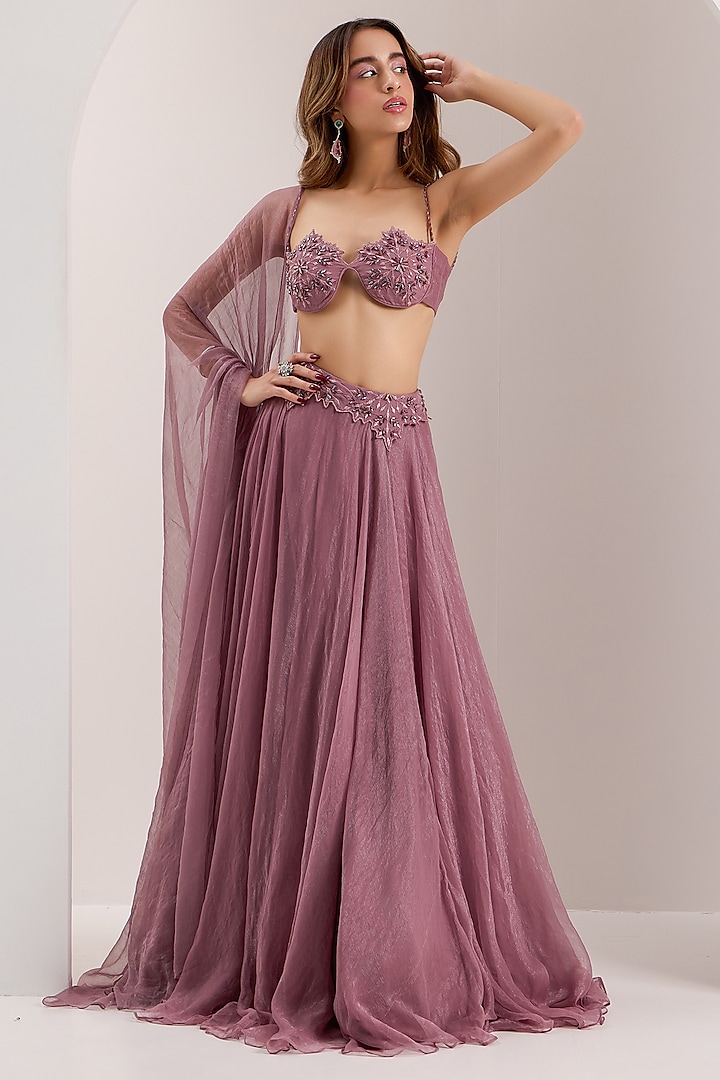 Mauve Shimmer Chiffon Embroidered Wedding Lehenga Set by Silky Bindra at Pernia's Pop Up Shop