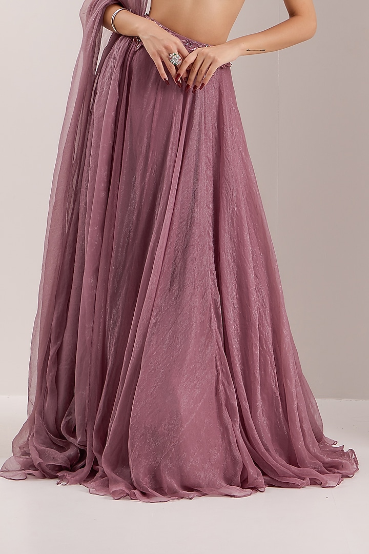 Mauve Shimmer Chiffon Embroidered Wedding Lehenga Set by Silky Bindra at Pernia's Pop Up Shop