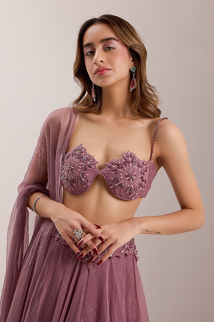 Mauve Shimmer Chiffon Embroidered Wedding Lehenga Set by Silky Bindra at Pernia's Pop Up Shop