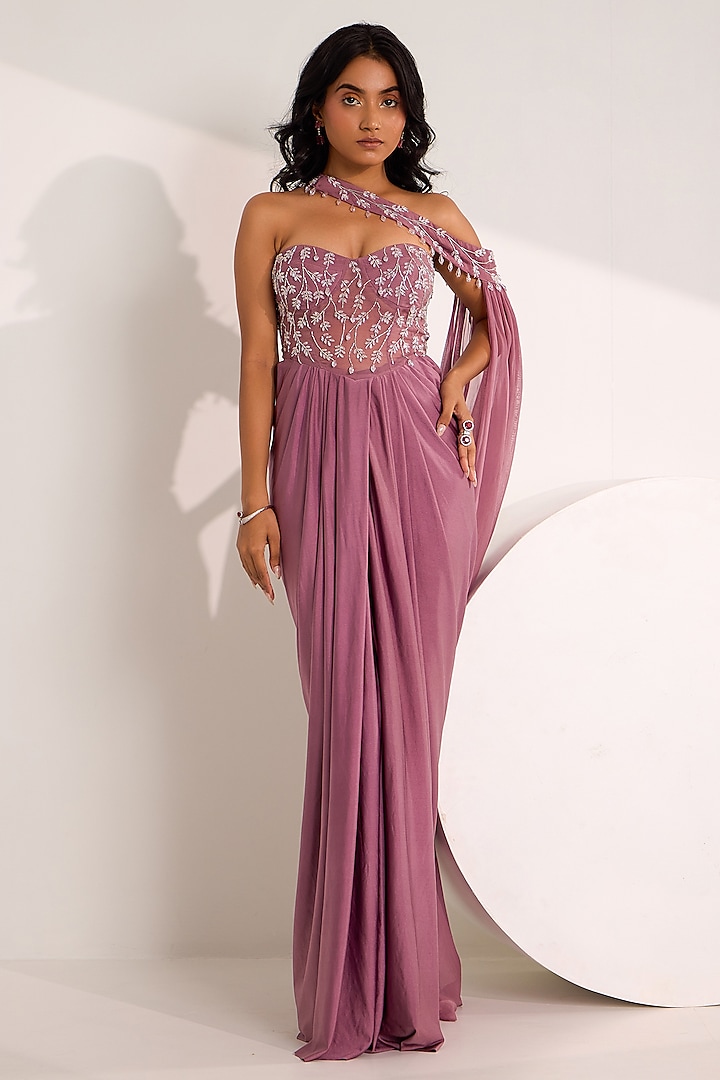 Mauve Satin Lycra Cutdana Embroidered Draped Gown Saree by Silky Bindra at Pernia's Pop Up Shop