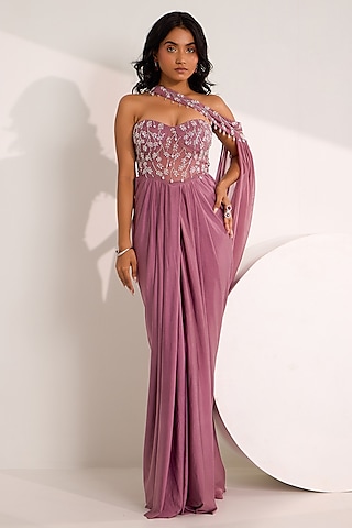 Mauve Satin Lycra Cutdana Embroidered Draped Gown Saree by Silky Bindra