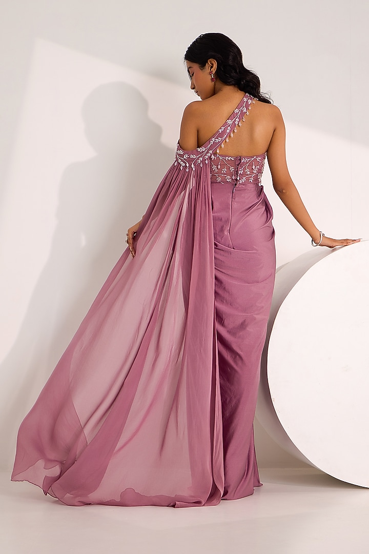 Mauve Satin Lycra Cutdana Embroidered Draped Wedding Gown Saree by Silky Bindra at Pernia's Pop Up Shop