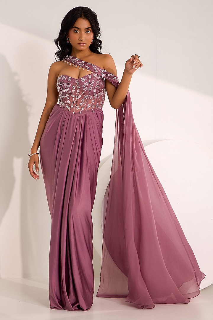Mauve Satin Lycra Cutdana Embroidered Draped Wedding Gown Saree by Silky Bindra at Pernia's Pop Up Shop