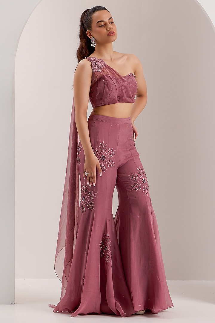 Mauve Shimmer Chiffon Embroidered Flared Pant Set by Silky Bindra at Pernia's Pop Up Shop