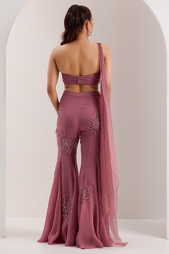 Mauve Shimmer Chiffon Embroidered Flared Pant Set by Silky Bindra at Pernia's Pop Up Shop