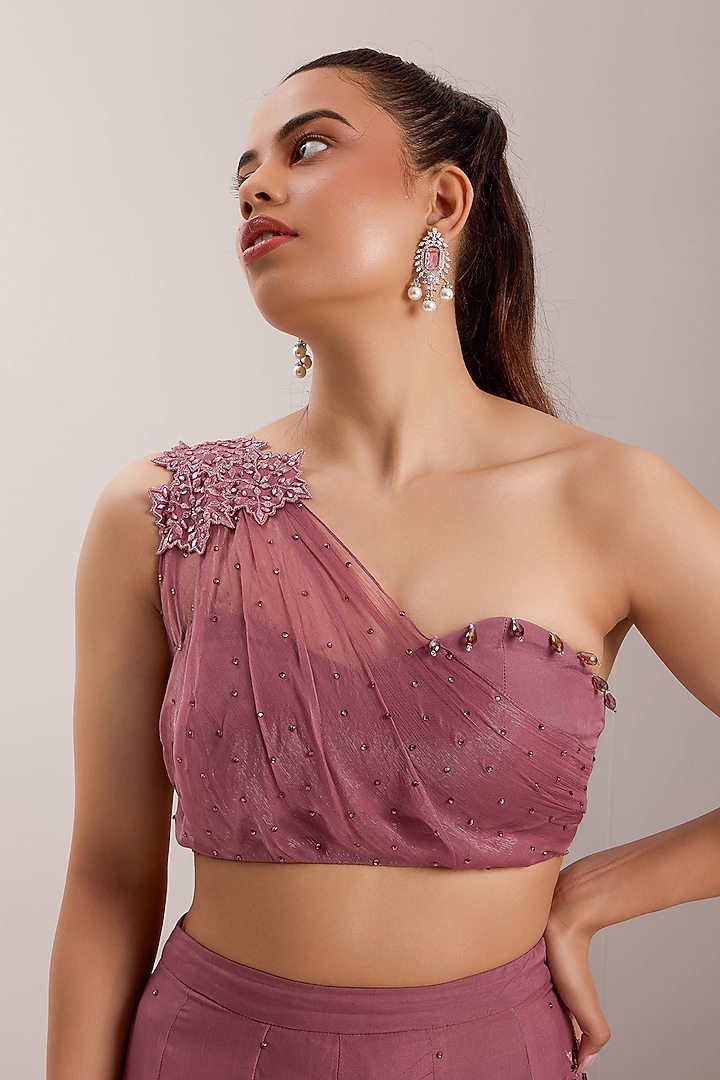 Mauve Shimmer Chiffon Embroidered Flared Pant Set by Silky Bindra at Pernia's Pop Up Shop