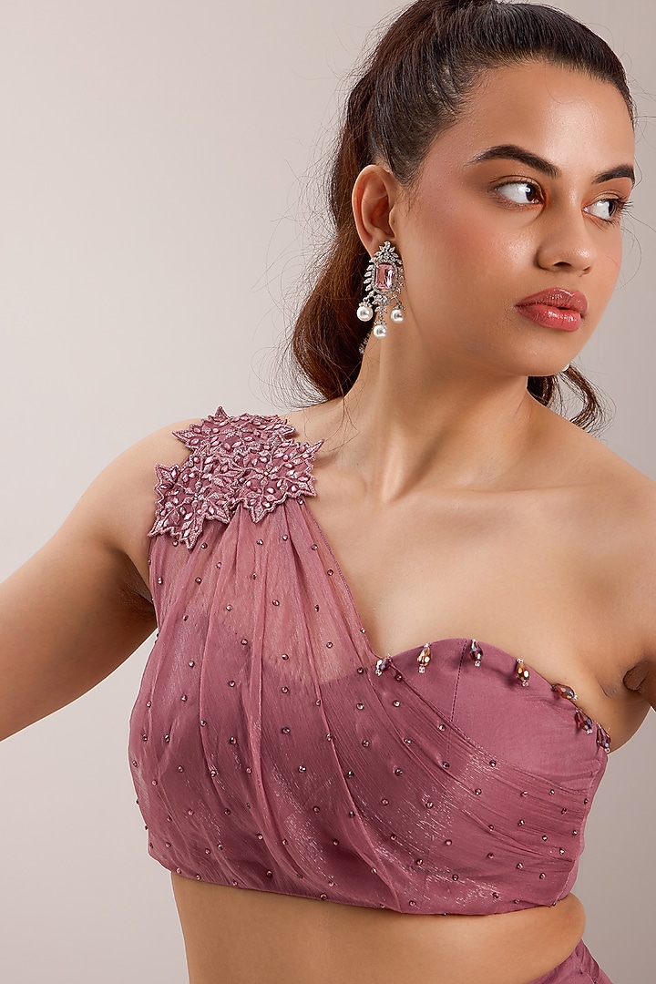 Mauve Shimmer Chiffon Embroidered Flared Pant Set by Silky Bindra at Pernia's Pop Up Shop