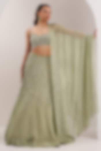 Mint Green Organza Cutdana Embroidered Wedding Lehenga Set by Silky Bindra at Pernia's Pop Up Shop