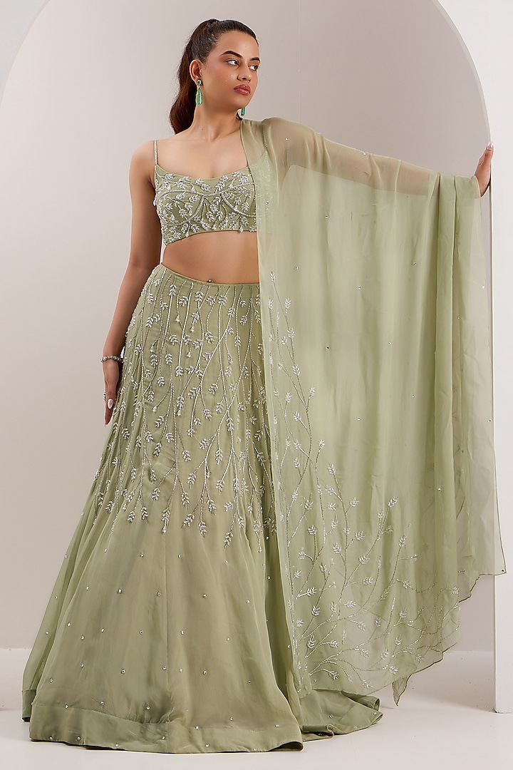 Mint Green Organza Cutdana Embroidered Wedding Lehenga Set by Silky Bindra at Pernia's Pop Up Shop