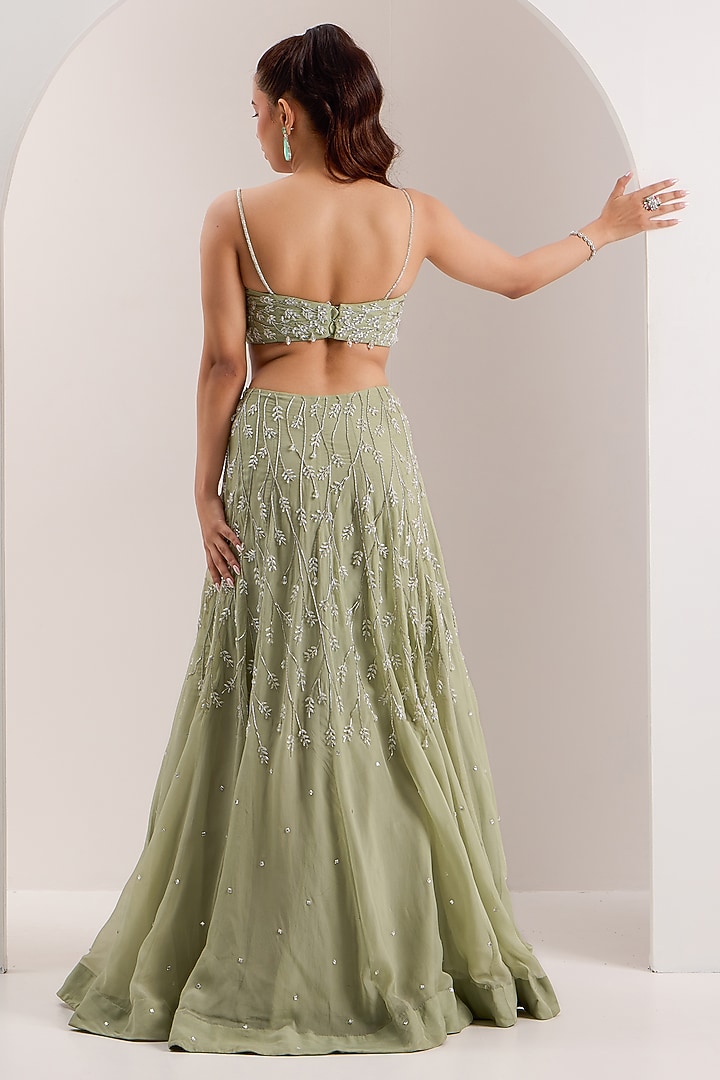 Mint Green Organza Cutdana Embroidered Wedding Lehenga Set by Silky Bindra at Pernia's Pop Up Shop