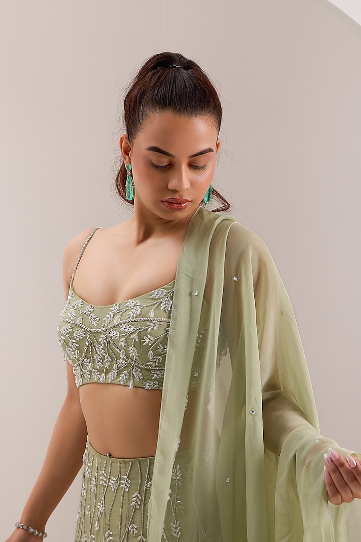 Mint Green Organza Cutdana Embroidered Wedding Lehenga Set by Silky Bindra at Pernia's Pop Up Shop