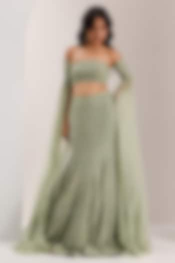 Mint Green Shimmer Chiffon Crystal Embroidered Mermaid Wedding Lehenga Set by Silky Bindra at Pernia's Pop Up Shop