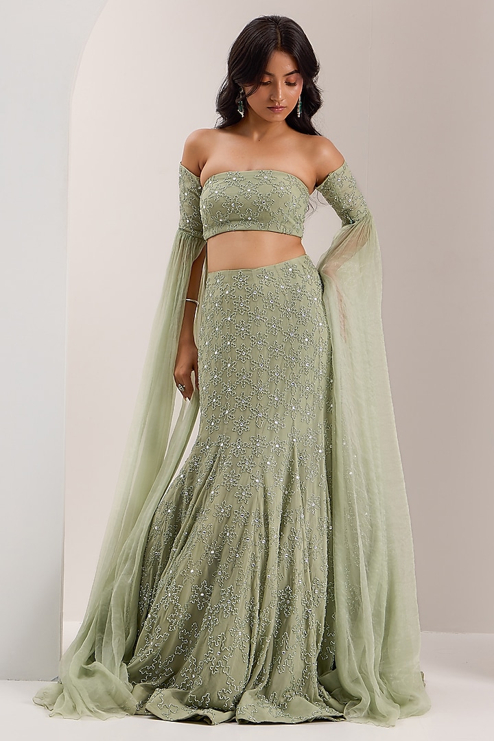 Mint Green Shimmer Chiffon Crystal Embroidered Mermaid Wedding Lehenga Set by Silky Bindra at Pernia's Pop Up Shop