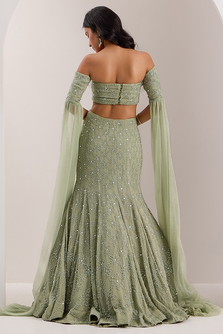 Mint Green Shimmer Chiffon Crystal Embroidered Mermaid Wedding Lehenga Set by Silky Bindra at Pernia's Pop Up Shop