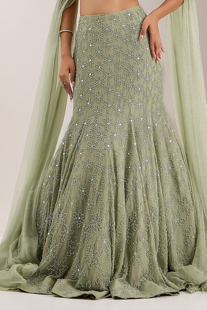 Mint Green Shimmer Chiffon Crystal Embroidered Mermaid Wedding Lehenga Set by Silky Bindra at Pernia's Pop Up Shop