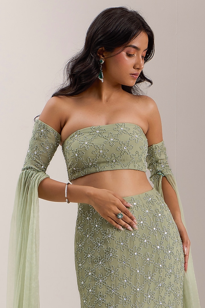 Mint Green Shimmer Chiffon Crystal Embroidered Mermaid Wedding Lehenga Set by Silky Bindra at Pernia's Pop Up Shop