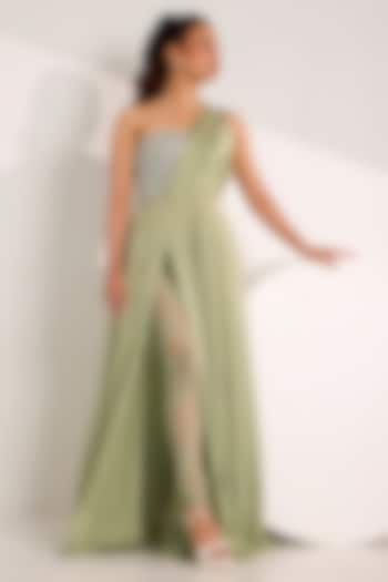 Mint Green Satin Georgette Embroidered One-Shoulder Slit Gown by Silky Bindra at Pernia's Pop Up Shop