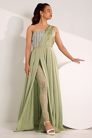 Mint Green Satin Georgette Embroidered One-Shoulder Slit Gown by Silky Bindra