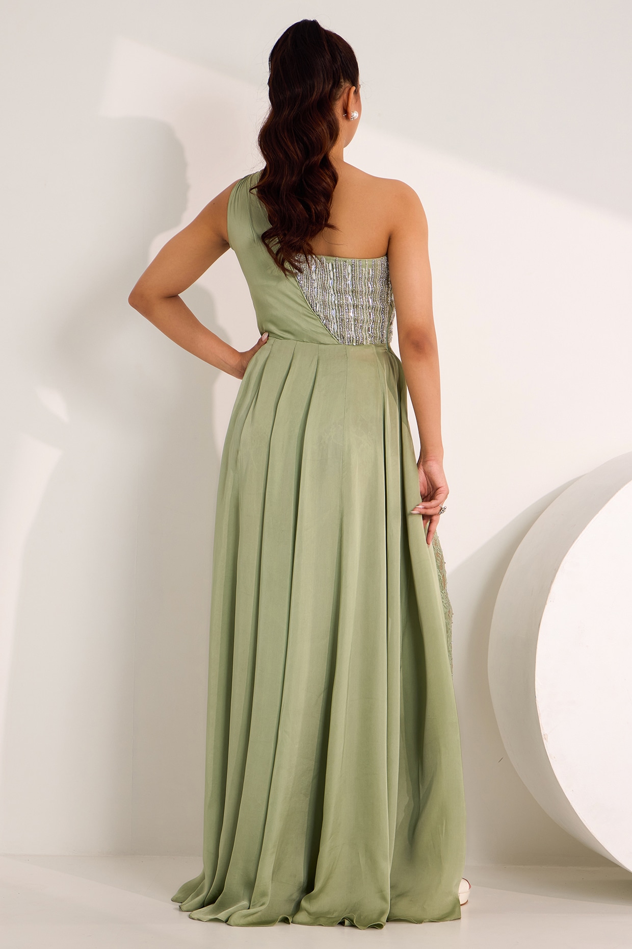 Mint Green Satin Georgette Embroidered One-Shoulder Slit