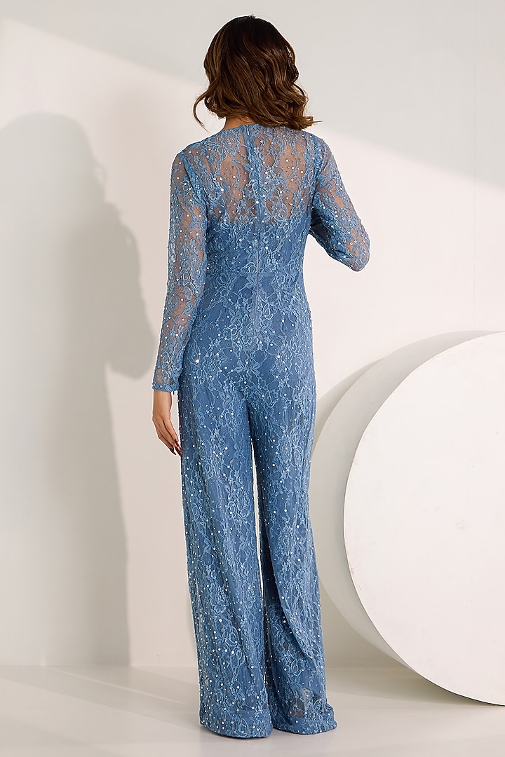 Blue Lace Sequins Embroidered Jumpsuit by Silky Bindra at Pernia's Pop Up Shop