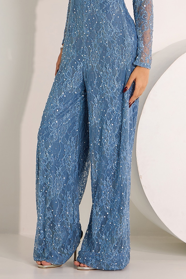 Blue Lace Sequins Embroidered Jumpsuit by Silky Bindra at Pernia's Pop Up Shop