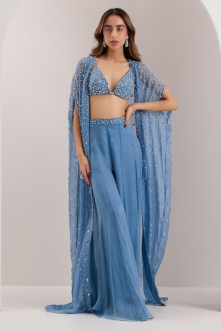 Blue Shimmer Chiffon Embroidered Cape Set by Silky Bindra at Pernia's Pop Up Shop